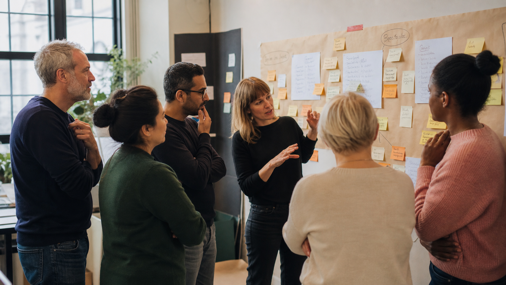 Ein vielfältiges Team erarbeitet gemeinsam Ideen an einer Arbeitswand